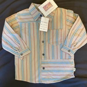 $31 NWT Icky Baby 2 2T Boy Button Down Up Dress Shirt Top Tan Blue Stripes